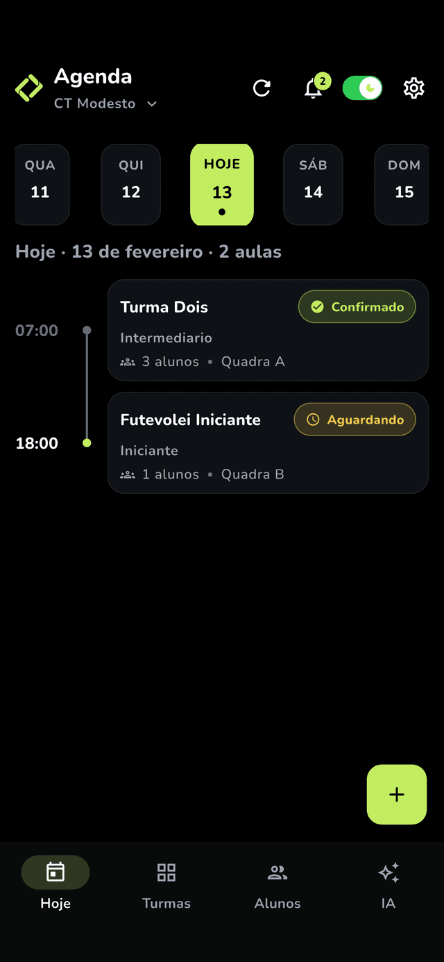 Tela do Fitblox mostrando a agenda do dia