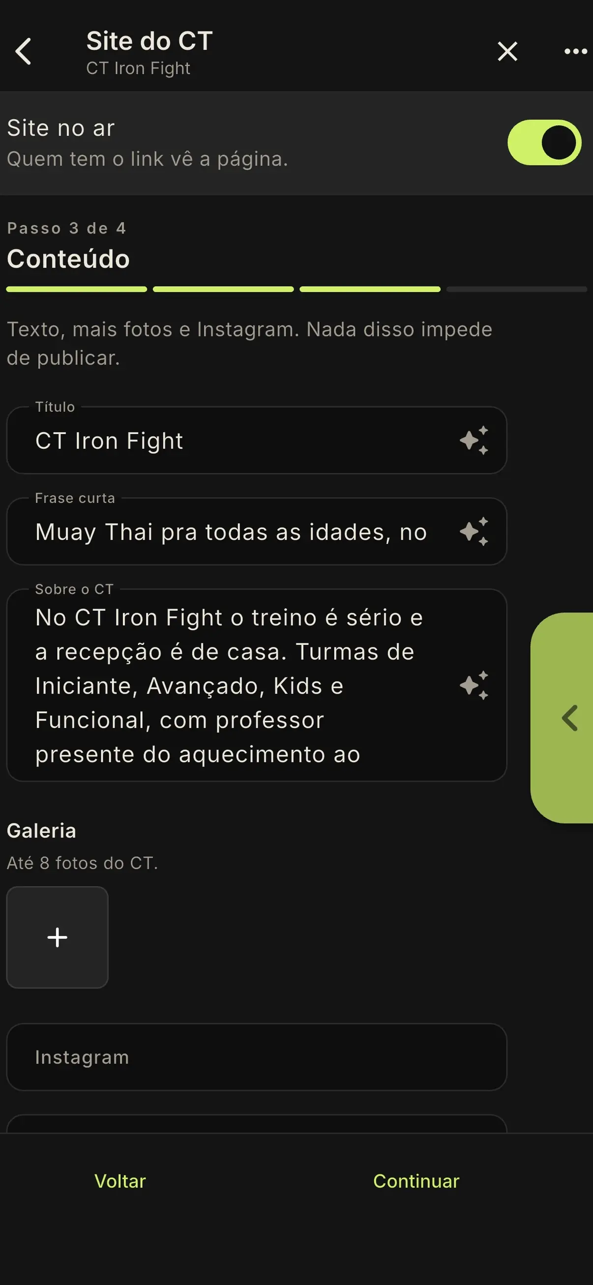 Site do CT Iron Fight no app, com o interruptor Site no ar ligado no passo de conteúdo